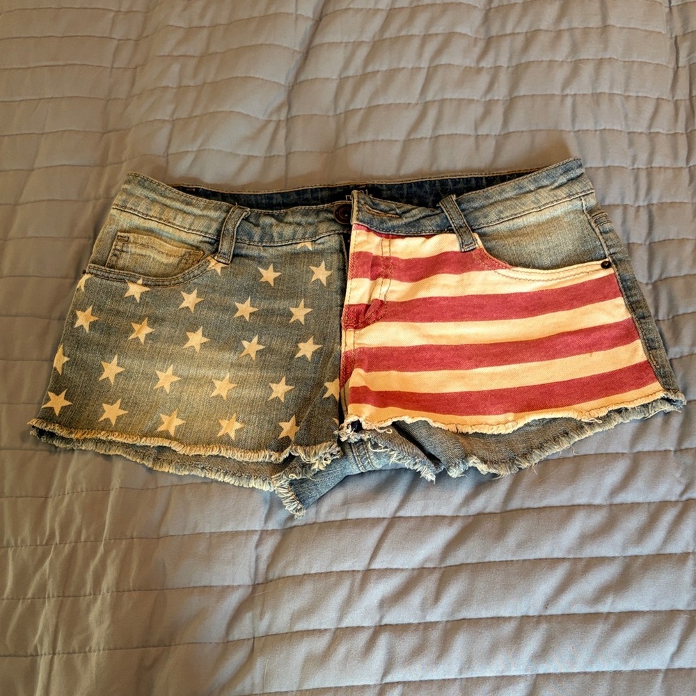 Rue21 Women's Denim Shorts with Red, White & Blue Flag Print